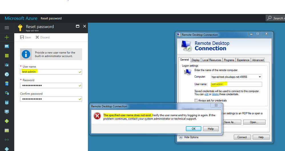 Screen shot showing account exists, and RDP error showing it doesn't.