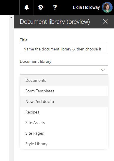 Document library web part settings pane.