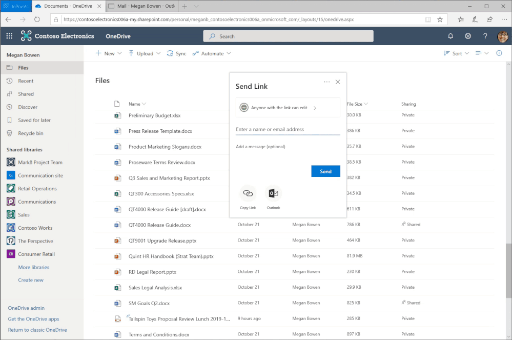 Coherent sharing experience with Outlook web app.
