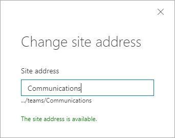 Change the site URL by typing the new desired site address, seeing if it's available, and clicking OK.
