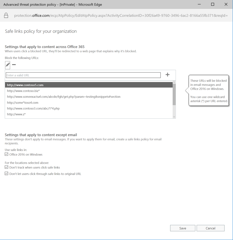 Figure 3.  Safe links Block URL List