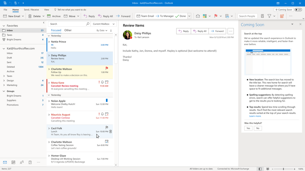 Coming Soon is back to preview Search at the top of Outlook