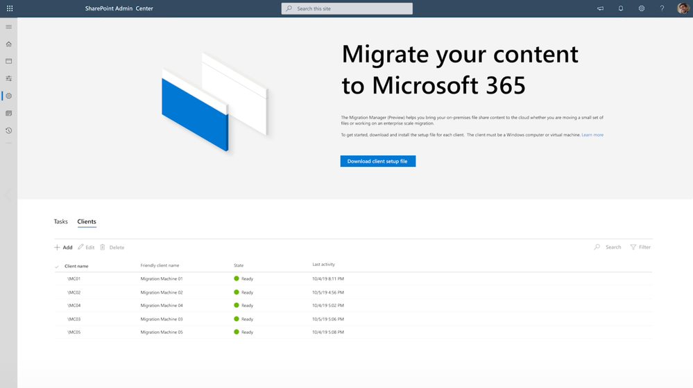 SharePoint admin center - Migration manager, showing scale across clients.