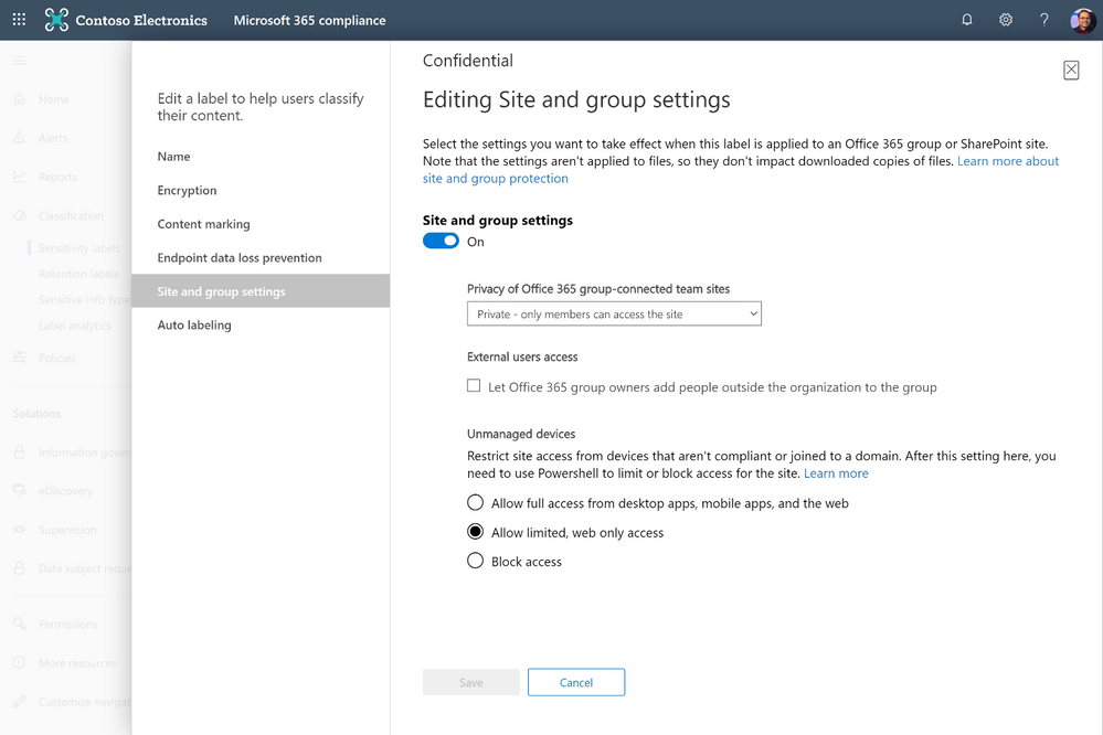 Sensitivity labels creation with site and groups settings in the Microsoft 365 compliance center.