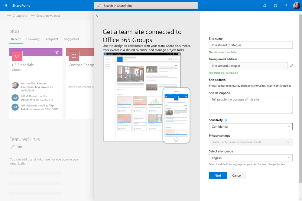 Sensitivity selection in groups-connected site creation experience in SharePoint.