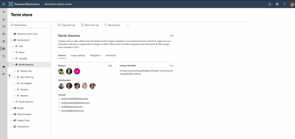 Manage your company taxonomy and terms sets in the updated term store within the SharePoint admin center.