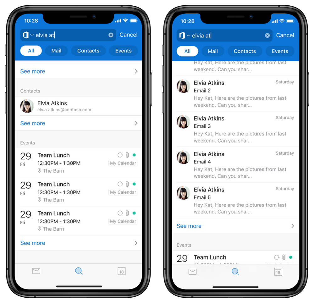 Keyword Search results across tabs in Outlook mobile