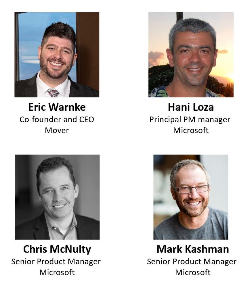 Left to right, top to bottom: Eric Warnke – CEO and co-founder of Mover (SharePoint/Microsoft) [guest], Hani Loza – principal program manager (SharePoint/Microsoft), Chris McNulty – senior product manager (SharePoint/Microsoft) [co-host], and Mark Kashman – senior product manager (SharePoint/Microsoft) [co-host].