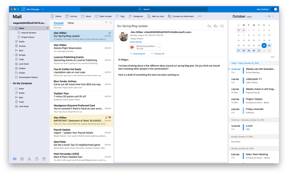 The new Outlook for Mac main mail canvas