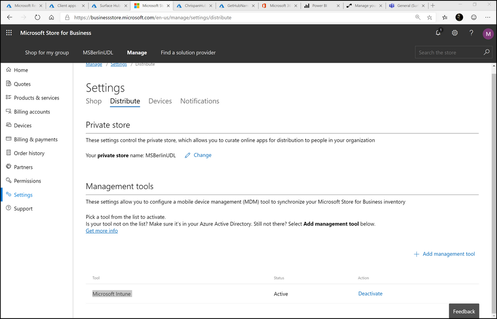 Figure 1. Microsoft Store for Business settings - Intune MDM