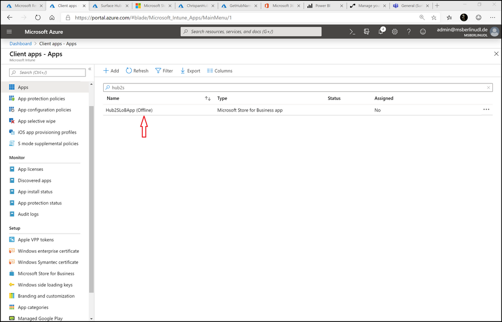 Figure 12. Intune administration for apps with one app selected, marked as Offline
