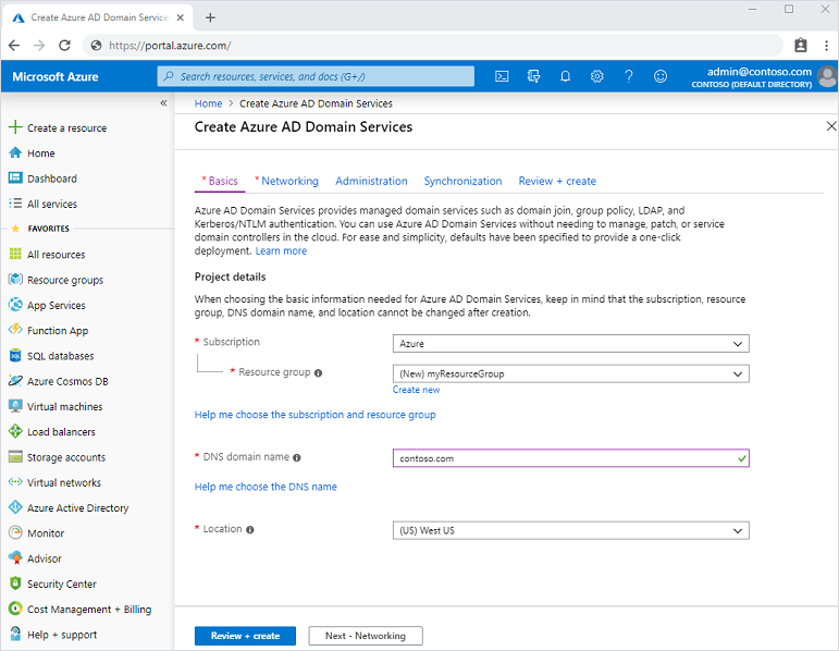 The new Azure AD Domain Services creation experience.