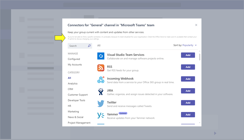 Microsoft Teams Connector Gallery with showing warning message