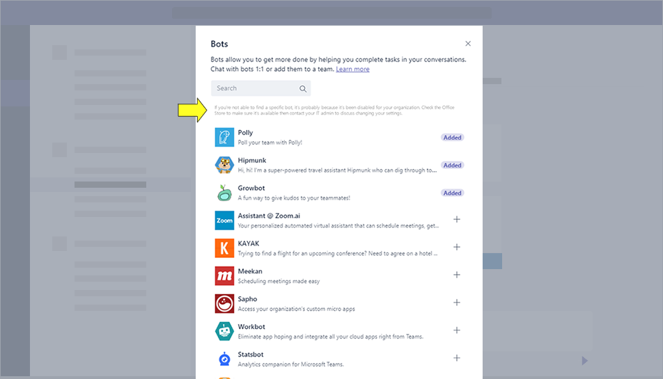 Microsoft Teams Bot Gallery with showing warning message