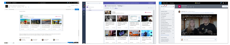 Microsoft Stream videos and channels can be embedded throughout Office 365 – in SharePoint (left), in Microsoft Teams (middle) and Yammer (right).