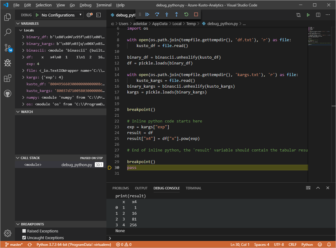 How to debug inline Python code in Azure Data Explorer - Microsoft Tech  Community