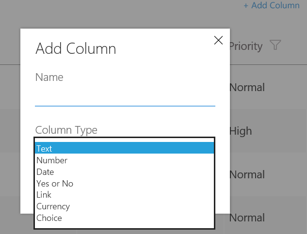 Add column dialog with field types