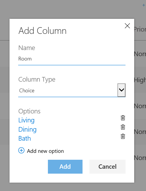 Add column dialog with setting options on a choice field
