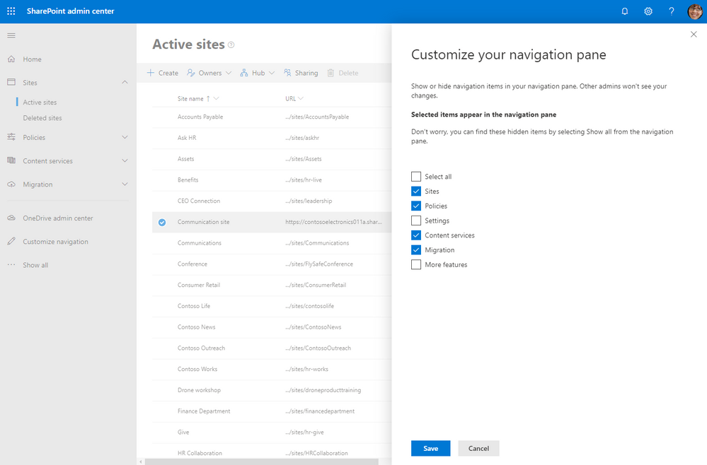 Uncheck Sharepoint admin center left-hand navigation items so they do not appear. Easily check them again to bring them back.