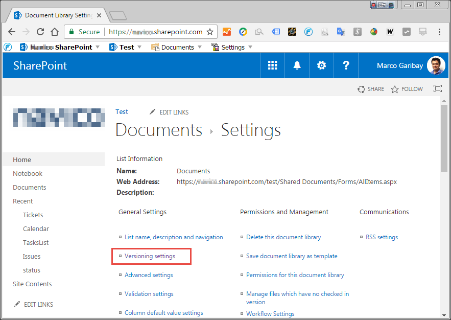 SharePoint library with no check in enabled - Library Settings Menu