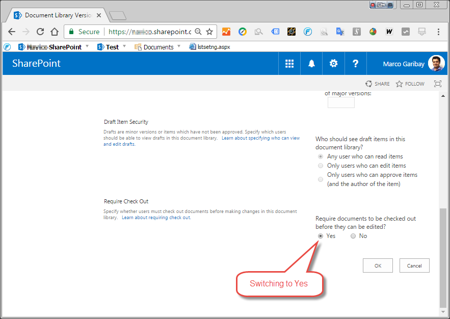 SharePoint library with check in enabled - Versioning Settings