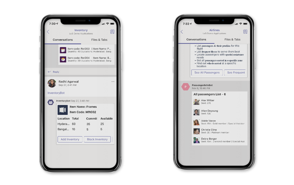 Add your line of business apps (left) and automate business processes with Power Automate (right) in Teams.