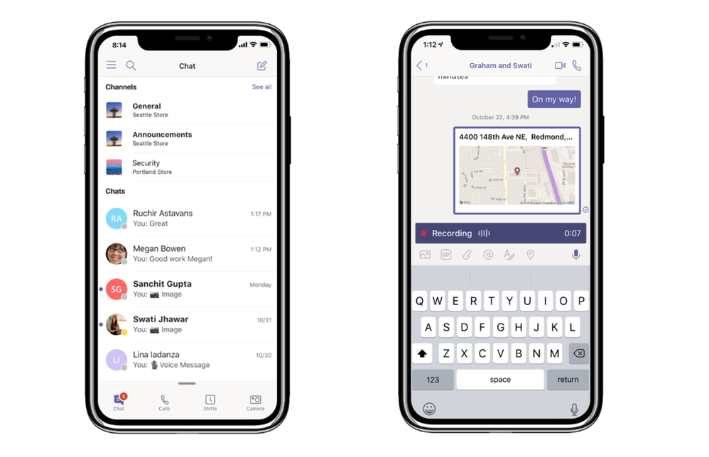 View all conversations in one place with a unified chat and channel view (left). Share your location and record and share audio messages (right).