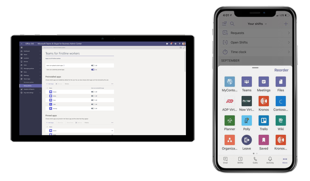 Create a configuration policy for your Firstline Workers and customize their navigation bar with the apps they need most (left). Firstline Workers can access the apps they need to do their jobs from the overflow menu (right).