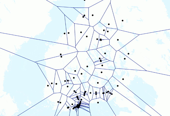 In one project I combined real-time train GPS location data in PostGIS ST_Voronoi analysis. Thus the areas sow the nearest train in each location around Finland.
