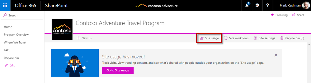 Click Site usage button from the Site content page