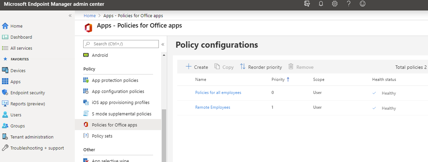 Office Cloud Policy Service integrated with the Microsoft Endpoint Manager portal