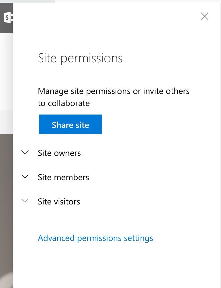 Site permissions panel flies out from the right after clicking the gear icon > Site permissions.