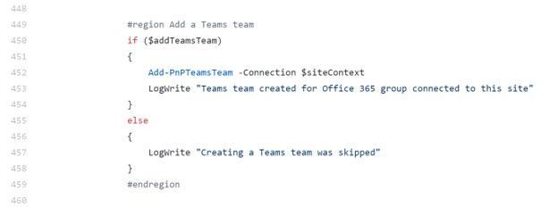 Section of the sample PowerShell script to create a new Microsoft Teams team and associated it to the SharePoint site.