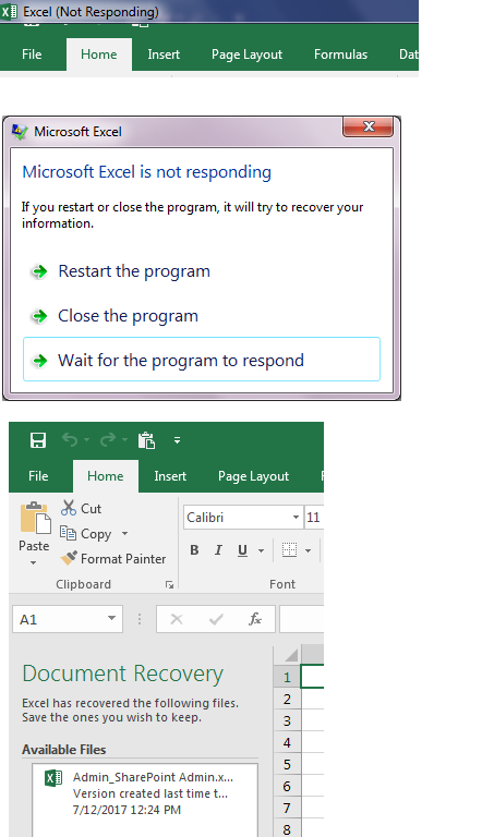 Office 16 Excel Not Responding Message Microsoft Tech Community