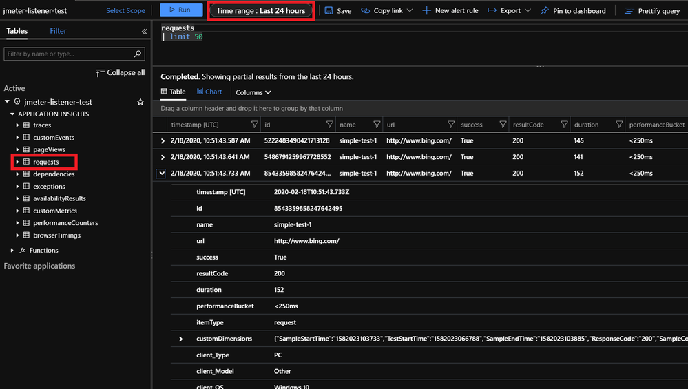 Test metrics in Application Insights