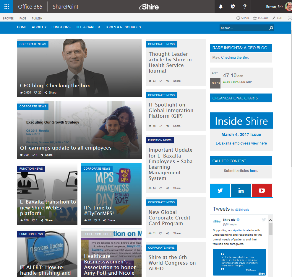 Shire's 'The Hub' portal on SharePoint in Office 365