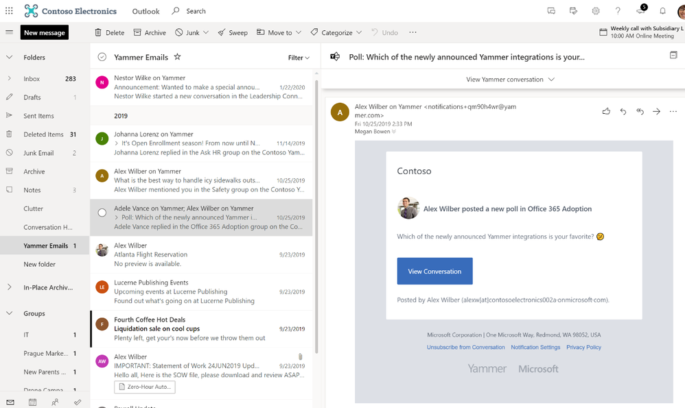 How Yammer notification emails traditionally appeared in Outlook.