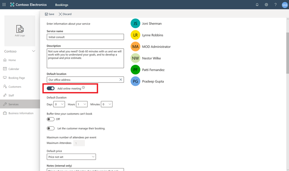 Set specific services to have online meetings enabled when booked with a simple toggle