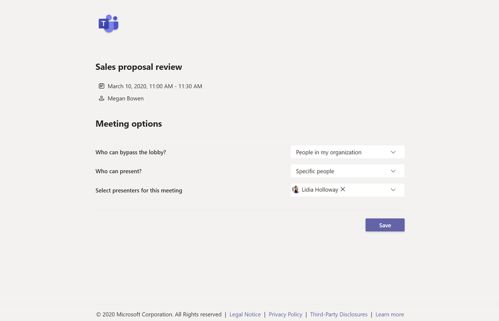 Meeting options user interface showing roles and permission available