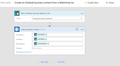 Setting up a flow in Microsoft Flow for MailChimp and Outlook Customer Manager