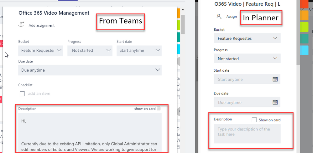 Task description appears when Planner is opened from teams