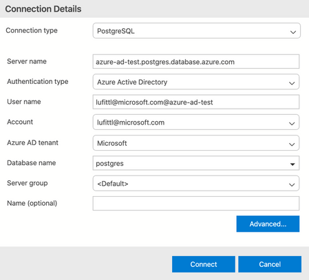 Connection dialog with Azure Active Directory authentication type selected
