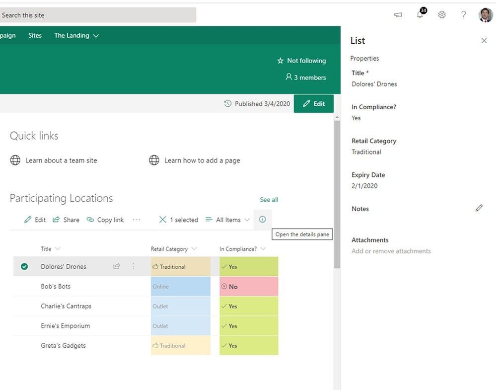 From within the web part, select the Information icon to open the details pane and edit item metadata in context on the page.