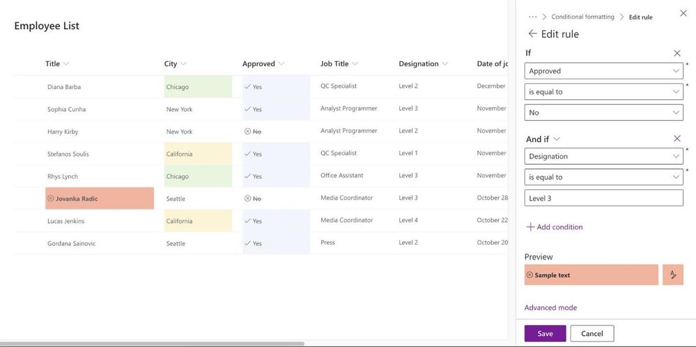 When programming the conditional formatting for list columns rows or columns, you can now build simple if/then rules to effect item formatting.