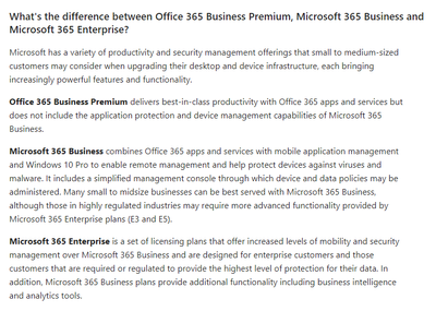 What's the difference between Office 365 Business Premium, Microsoft 365 Business and Microsoft 365 Enterprise?