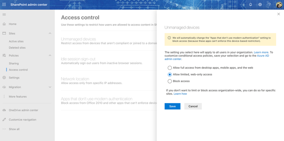 Sharepoint and OneDrive Limited Access settings from Access Control using SharePoint Admin Center