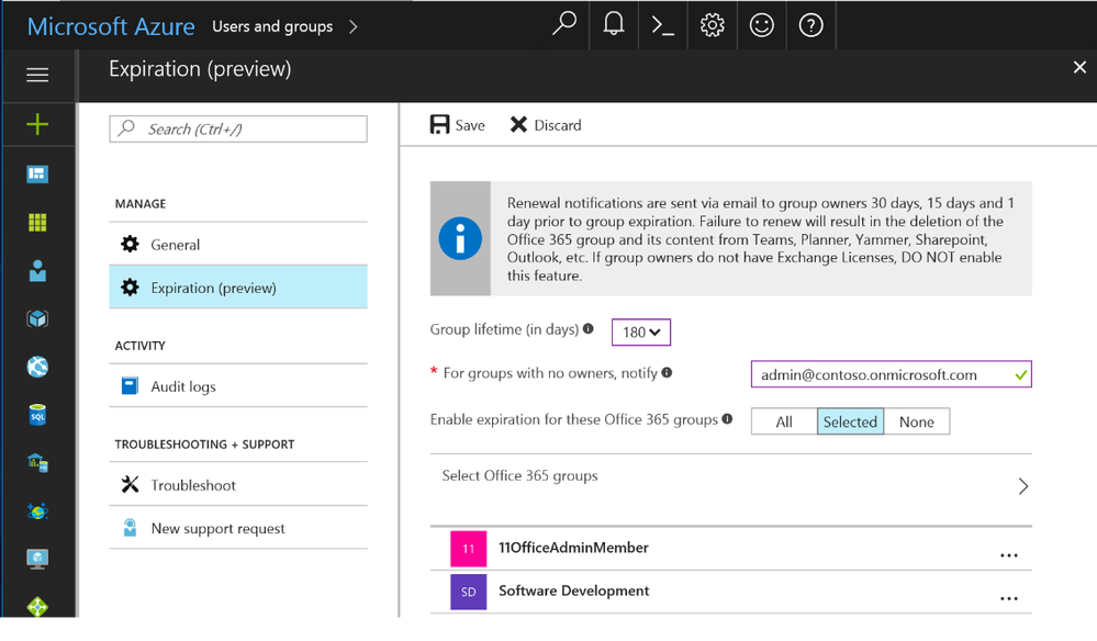 Office 365 group expiry in the Azure Active Directory dashboard