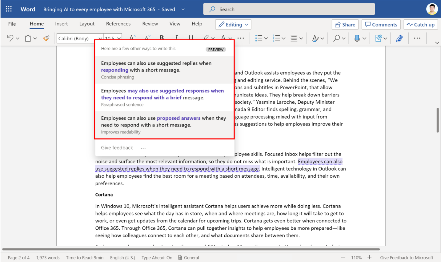 Updated Rewrite Suggestions in Microsoft Word – sentence-level