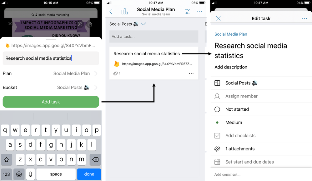 Creating a new task from external content is easy: find your content—in this case, an image—select the Action icon, determine the right plan and bucket, and tap “Add task.” The new task will appear in your plan with the associated content linked in the task’s attachments.