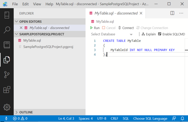 Writing sql script for table 1 - in Azure Data Studio Postgres.png